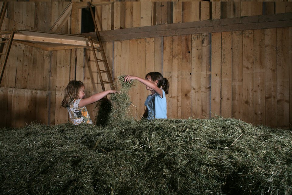 Kinder spielen im Bauernmuseum im Heu